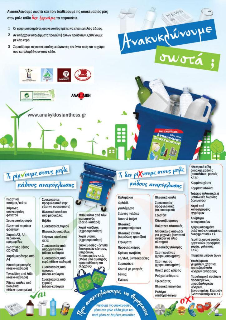 Η αφίσα δείχνει πώς να ανακυκλώνουμε σωστά στους μπλε κάδους ανακύκλωσης