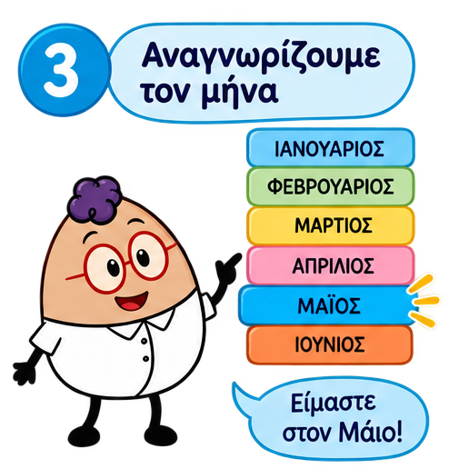 Ο Egg βοηθά τα παιδιά να αναγνωρίσουν τον μήνα στο ημερολόγιο τάξης