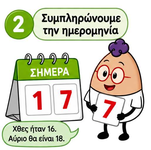 Ο Egg συμπληρώνει τη σημερινή ημερομηνία στο ημερολόγιο τάξης