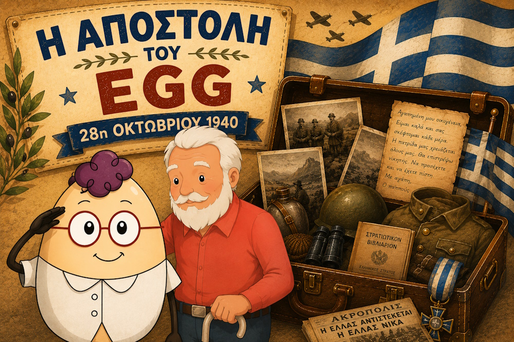 Ο Egg και ο παππούς μπροστά στη βαλίτσα με ιστορικά αντικείμενα του πολέμου της 28ης Οκτωβρίου 1940.