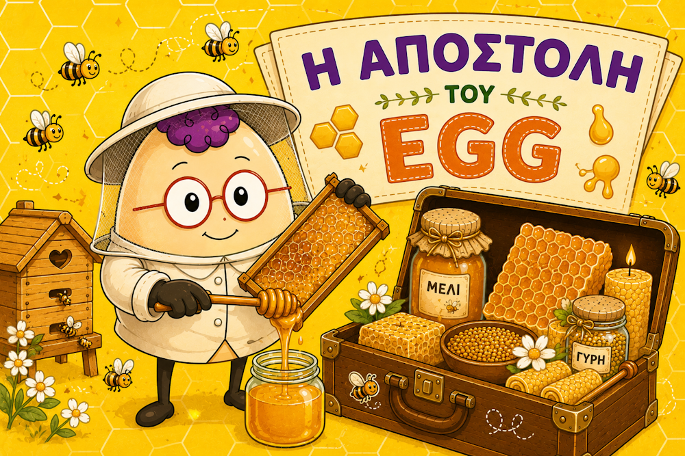 Ο Egg ως μελισσοκόμος συλλέγει μέλι από κηρήθρα δίπλα σε κυψέλη και βαλίτσα με προϊόντα μελιού.