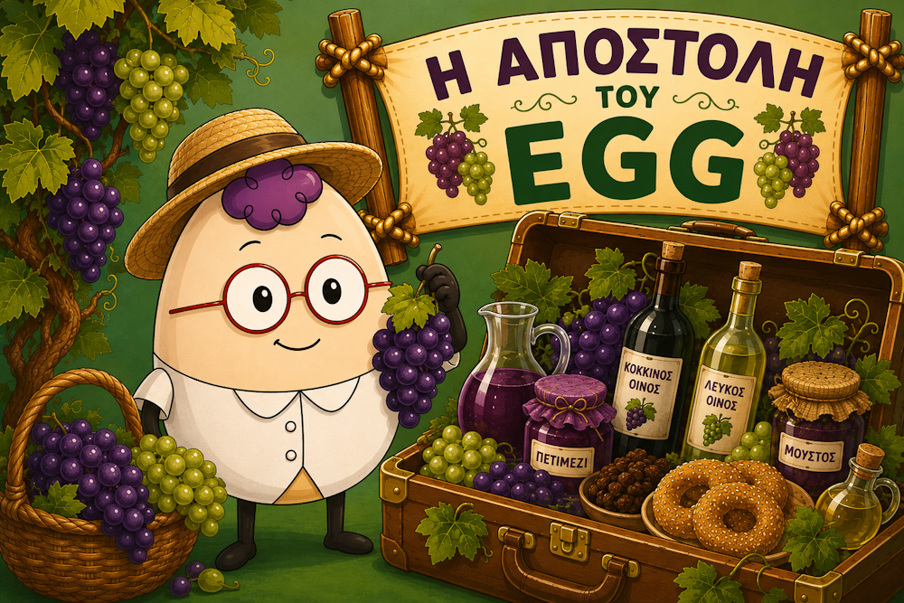 Ο ήρωας Egg στον τρύγο κρατώντας ένα τσαμπί σταφύλια δίπλα στη βαλίτσα της αποστολής.