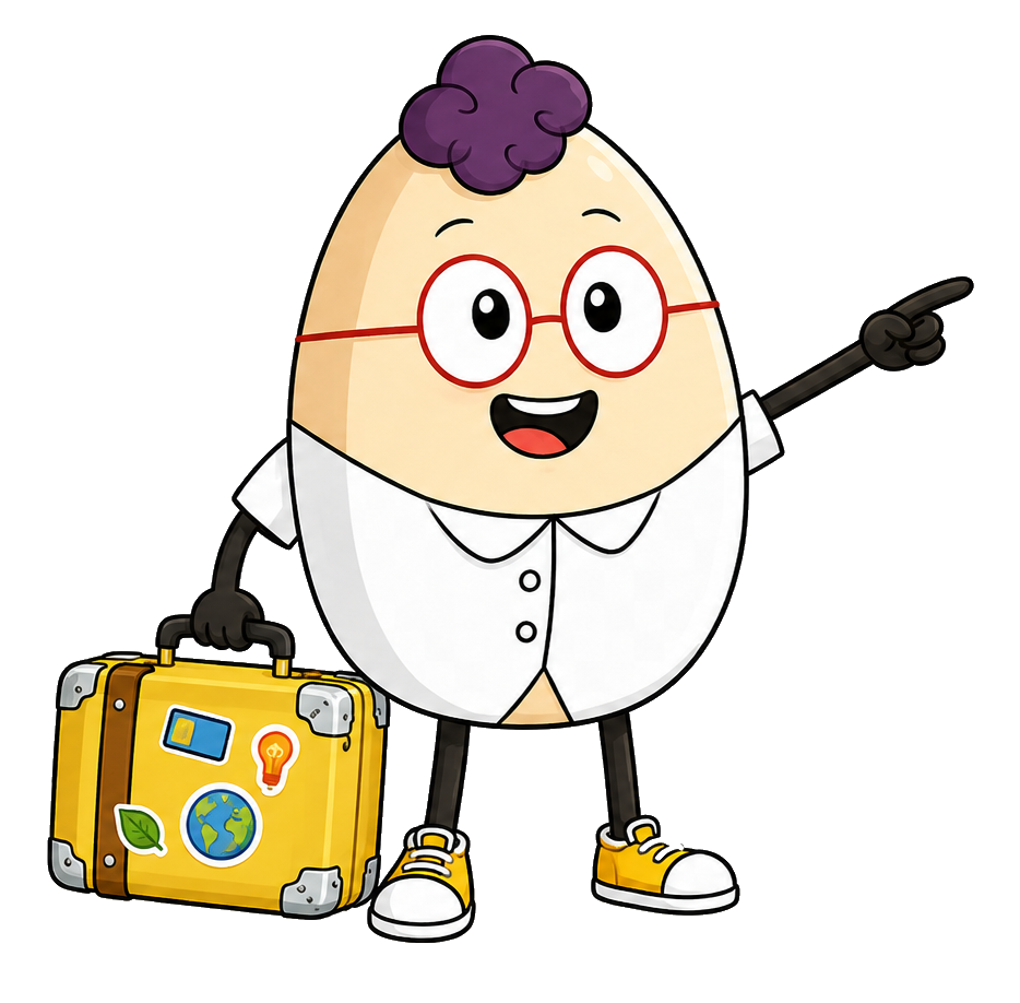 Ο ήρωας Egg κρατά μια βαλίτσα και δείχνει προς το κουμπί επικοινωνίας.