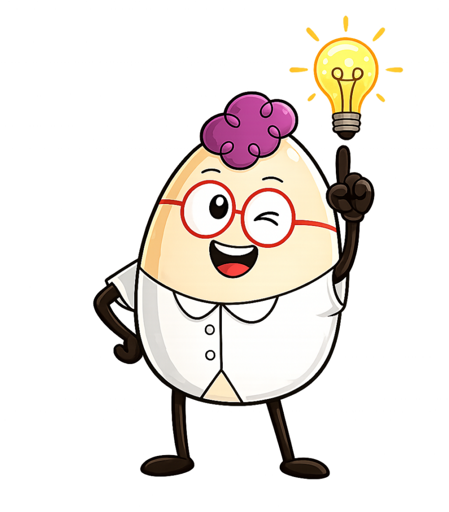 Ο ήρωας Egg της EggΠαίδευσης δείχνει μια λαμπτήρα ιδέας με χαρούμενη έκφραση.