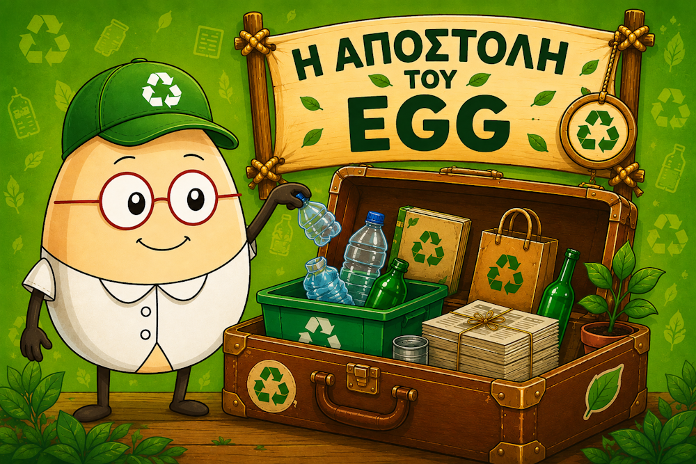 Ο Egg ανακυκλώνει πλαστικό μπουκάλι δίπλα σε βαλίτσα με υλικά ανακύκλωσης