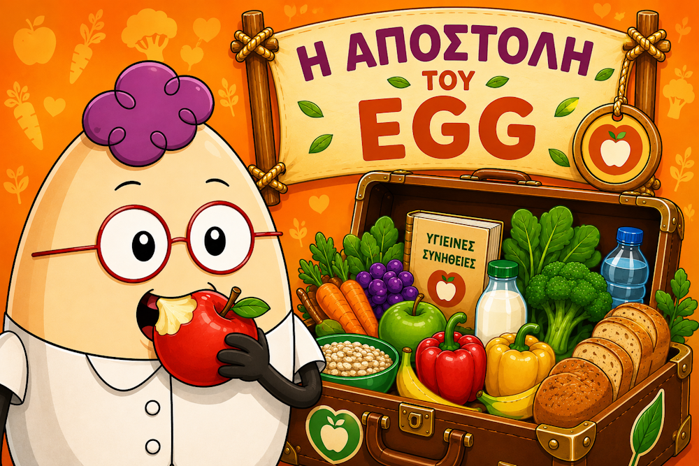 Ο Egg δαγκώνει ένα μήλο δίπλα σε βαλίτσα με υγιεινές τροφές