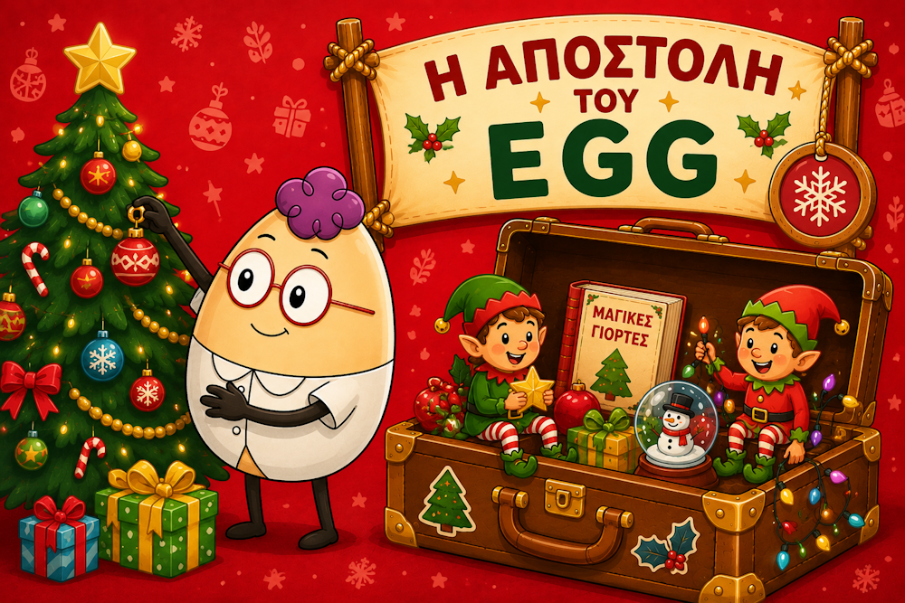 Ο Egg στολίζει το χριστουγεννιάτικο δέντρο δίπλα σε ανοιχτή βαλίτσα με χριστουγεννιάτικα στολίδια και ξωτικά