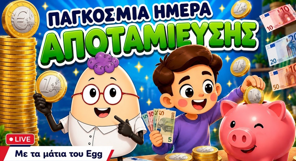 Thumbnail του εκπαιδευτικού βίντεο "Παγκόσμια Ημέρα Αποταμίευσης" με τον Egg, ένα παιδί και κουμπαρά.