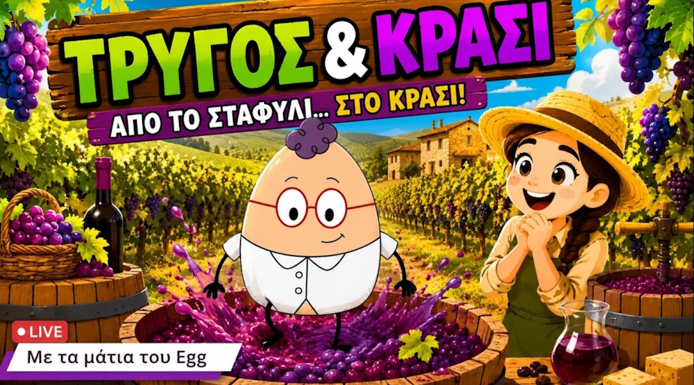 Ο Egg σε αμπελώνα μαθαίνει πώς γίνεται το κρασί από το σταφύλι