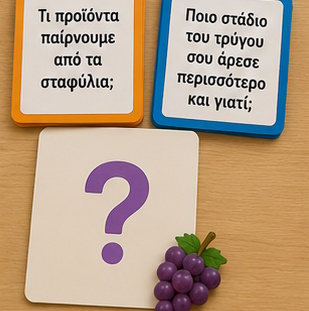Κάρτες ερωτήσεων για παιχνίδι γνώσεων σχετικά με τον τρύγο και το αμπέλι.