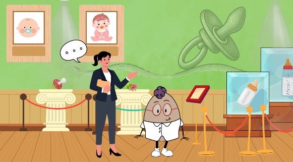 Η ξεναγός παρουσιάζει τα εκθέματα στον Egg μέσα στο Μουσείο του Βρακακίου.
