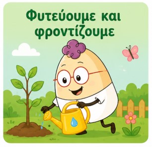 Ο Egg ποτίζει ένα μικρό δέντρο και μαθαίνει στα παιδιά να φροντίζουν τα φυτά